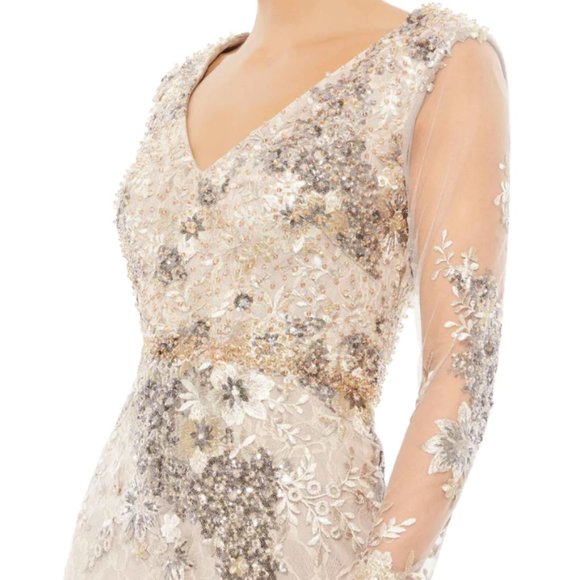MAC DUGGAL 67539 EMBELLISHED V-NECK ILLUSIONS LONG SLEEVE TAUPE GOWN sz 16 - Picture 4 of 8